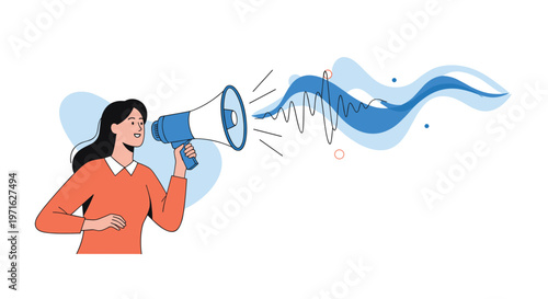 Young woman holding a blue megaphone and shouting with sound waves coming out representing communication and public announcement.