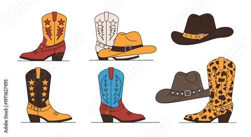 Collection of stylish western cowboy boots with various patterns and classic hats isolated on a clean white background.