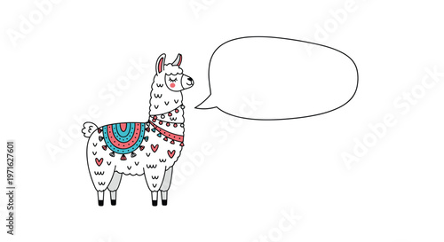 Cute white llama decorated with colorful tassels and patterns standing next to a blank speech bubble for custom text.