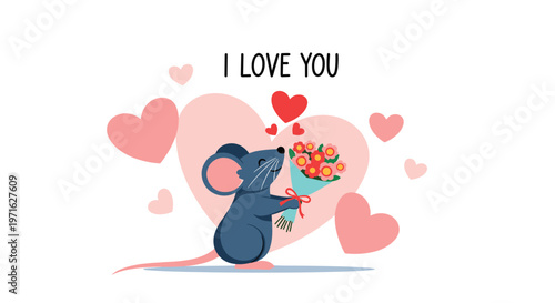 Adorable grey mouse holding a beautiful bouquet of flowers for a loved one with hearts and I love you text.