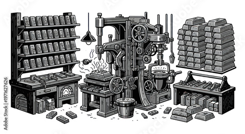 Industrial metalworking factory, vintage machinery, manufacturing workshop, industrial equipment