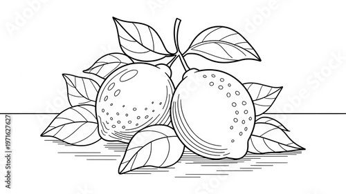 coloring book style artwork presents lemons with foliage in simple black line art on a clean white background, minimal details, isolated.