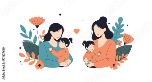 Two illustrations of mothers hugging their young daughters surrounded by colorful autumn flowers and leaves on a white background.