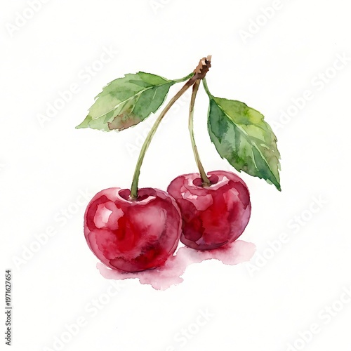 watercolor illustration of ripe, juicy cherries with deep red fruit, glossy highlights, and slender green stems. The fresh cherries appear plump and luscious against a clean, pure white background.