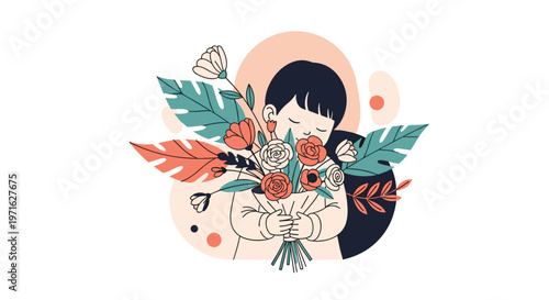 Happy young child holding a large colorful bouquet of flowers and leaves representing love gratitude and spring celebration.