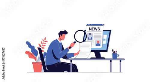 Professional man researching news on a computer and checking documents with a magnifying glass for information verification.