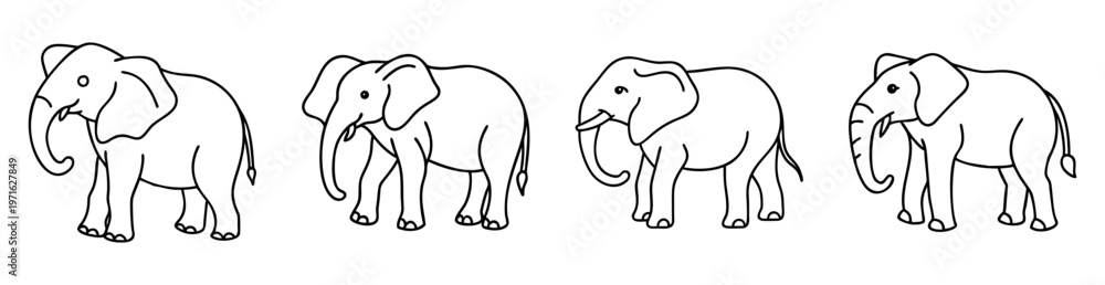Obraz premium Four adorable outlined cartoon elephants standing side by side in a row