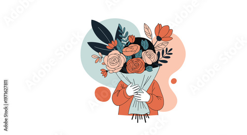 Beautiful illustration of a person holding a large colorful bouquet of roses and flowers in front of their face with abstract shapes.