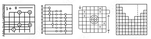 Four distinct schematic diagrams each representing various information systems or puzzles