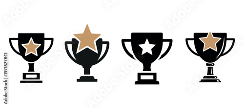 four elegant black and gold trophies representing achievement and success description a set of four stylized trophies in black