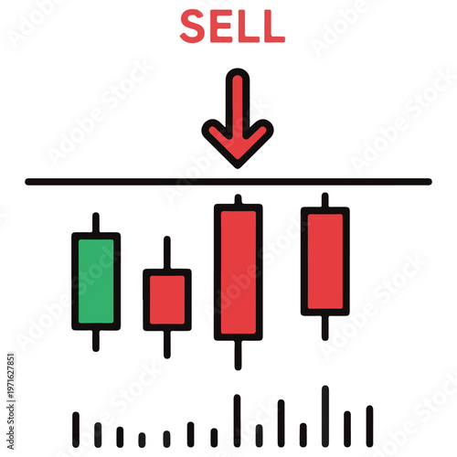 Financial Candlestick Chart Icon with a Sell Signal Indicating a Bearish Reversal at a Resistance Level for Stock Market and Cryptocurrency Technical Analysis, Minimalist Flat Vector Design.
