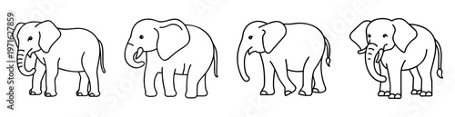 Four simple cartoon elephants standing side by side in black and white