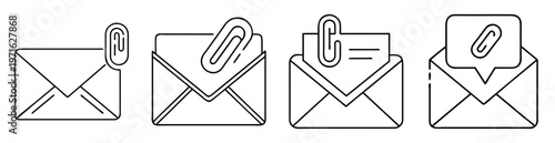Four black and white envelope icons with paperclip attachment imagery