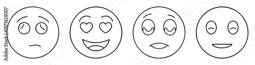 Set of four expressive emoticons illustrating different emotions in outline style