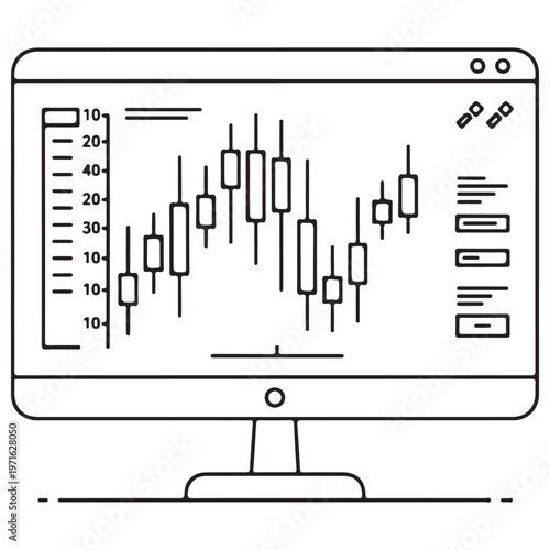 Minimalist line art illustration of a computer monitor displaying a professional financial candlestick trading chart for stock market analysis, crypto investment tracking, and data visualization.