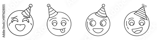 Four black and white outline cartoon smiley faces wearing party hats