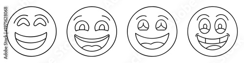 Four different smiley face drawings with varying expressions and line art