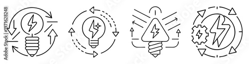 Line art icons showing renewable energy and energy generation process representation