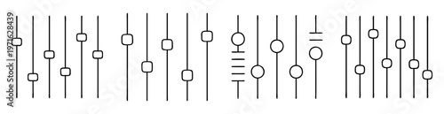 Abstract arrangement of vertical lines with interconnected geometric shapes in black and white