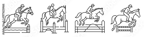 line drawing of horses and riders jumping over obstacles in competition