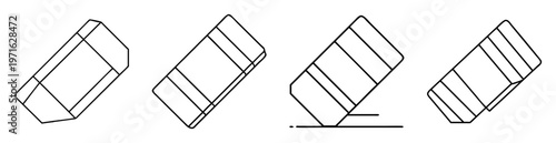 Four architectural renderings depict different perspectives of modern building designs with geometric forms