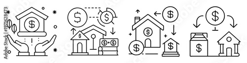 Financial growth and investment concept with houses and dollar symbols outline style