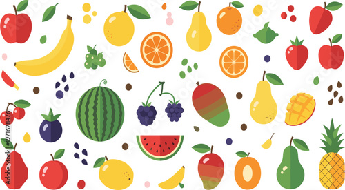 Colorful fresh fruit collection with apples citrus banana watermelon pineapple and tropical fruits for healthy food design, nutrition concepts, packaging, and creative projects.