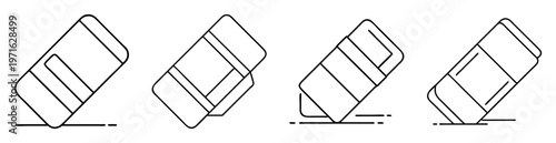 Four simple line art style icon illustrations of erasers with eraser dust