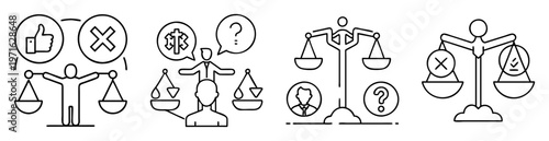 Balancing Act Illustrating Weighing Options and Uncertainty, Represented as Line Drawings