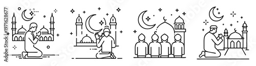 Islamic prayer illustration set, muslims worshiping in the mosque under crescent moon