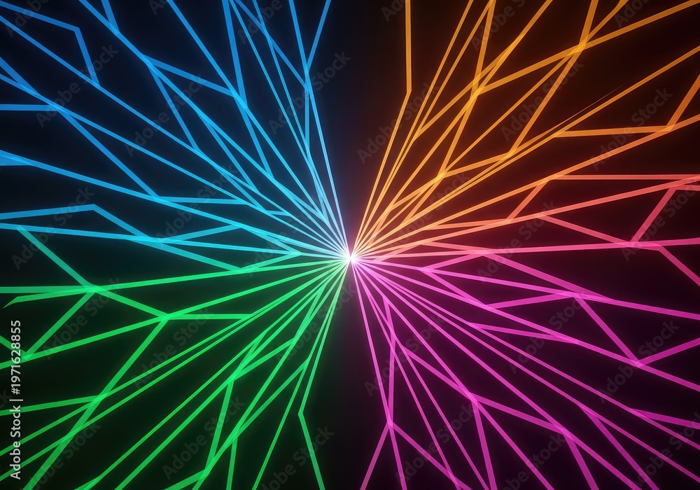 Fototapeta premium Abstract dynamic geometric pattern with glowing lines radiating outward, symbolizing market growth, development, and system scaling, structure, development, dynamic