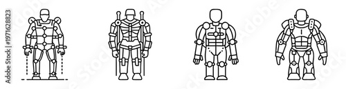 Line art illustration depicting futuristic exoskeletons and medieval knight armor
