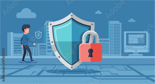 A person walks through a secure digital landscape, protected by a large shield and padlock, symbolizing robust cybersecurity and data privacy.