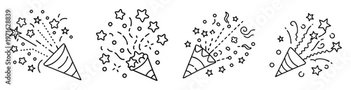 Four celebratory black and white party poppers exploding with confetti and stars