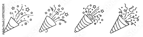 Black and white line art illustration of popping party poppers with confetti