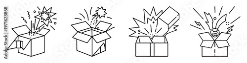 Line art illustration of surprise boxes with stars and angry face