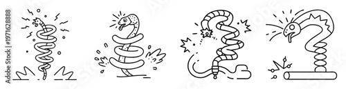Four stylized cartoon snakes with varied expressions and interactive elements illustration