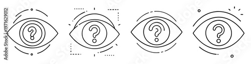 Four stylized eyes with question marks, symbolizing uncertainty and unanswered questions