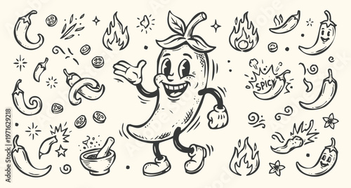 Vintage 1930s Rubber Hose Style Chili Pepper Mascot and Spicy Food Doodle Set