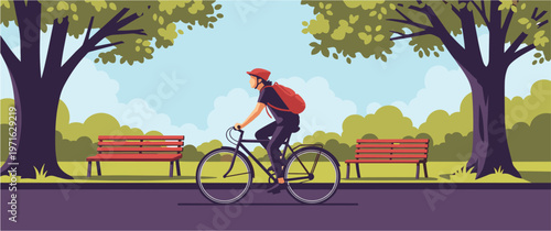 A person with a red backpack and helmet enjoys a leisurely bicycle ride through a vibrant, green park on a sunny day.