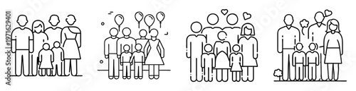 Diverse family groups of various sizes, presented as linear icons