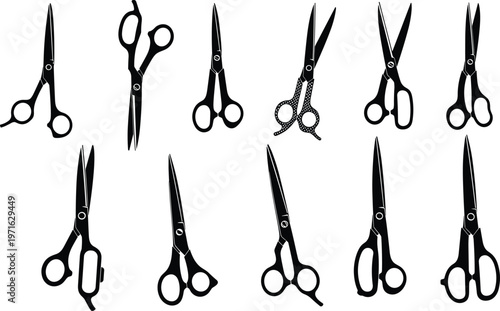 Collection of black scissors silhouettes featuring various hair cutting shears and tailor tools in different open and closed positions isolated on white background.