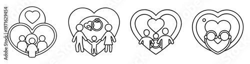 Four family love concepts depicting various relationship stages with heart symbols
