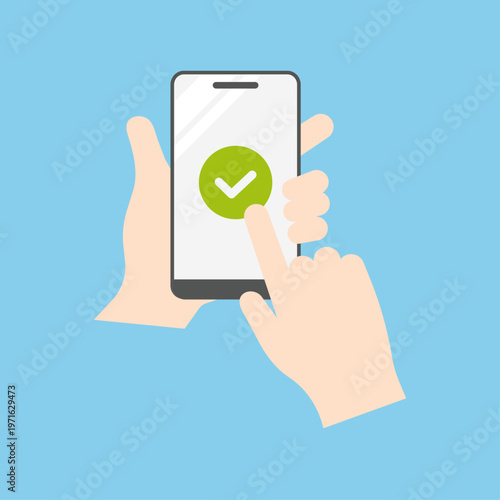 スマホを持ってタップ確認チェックアイコン（フラット） – シンプル操作UIアイコンシリーズ