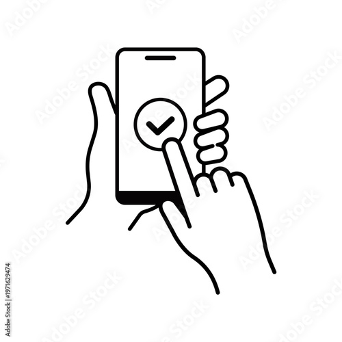 Photography スマホを持ってタップ確認チェックアイコン（線画） – シンプル操作UIアイコンシリーズ