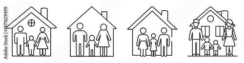 Simple minimalist line art illustration of family and home, different compositions