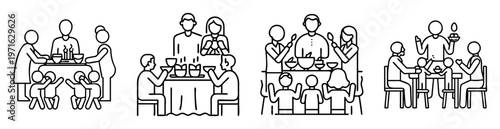 Line art illustration depicting various family gatherings and dining scenes