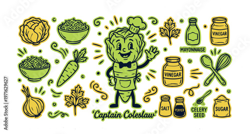 Vintage 1930s Rubber Hose Style Captain Coleslaw Mascot and Salad Doodle Set