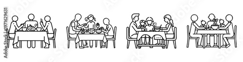 Black and white drawing depicting four families eating dinner together at tables
