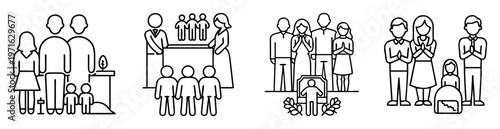 Black and white line drawings representing families at different types of services